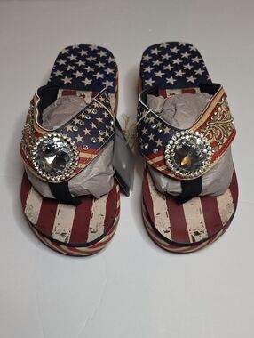 Montana West Patriotic Red White Blue Jeweled Flip Sandals